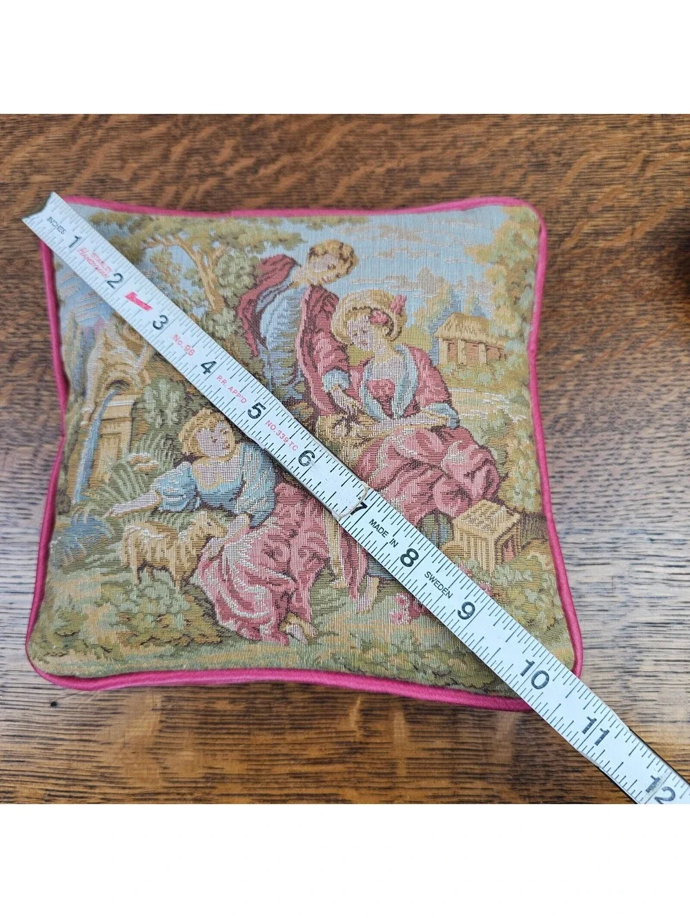 Pair Vintage French Country Tapestry Pillows Pastoral Courting Scenes Pink